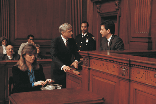 court scene with lawyer talking to witness