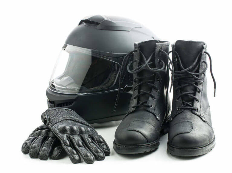 Motorcycle helmet, gloves, and boots